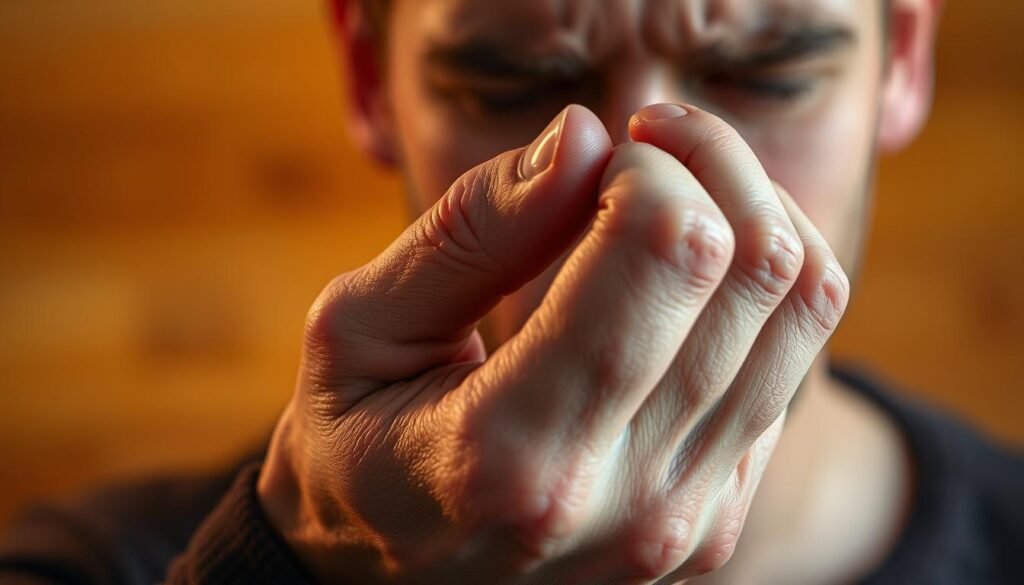 A close-up photograph of a person's hand holding a sensitive tooth, with a warm-toned, out-of-focus background suggesting discomfort. The hand should appear tense, with furrowed brow and clenched fingers, conveying the physical and emotional distress of temperature sensitivity. Soft, diffused lighting from the side creates subtle shadows, emphasizing the contours of the hand and the intensity of the expression. The image should have a shallow depth of field, keeping the hand in sharp focus while the background blurs, drawing the viewer's attention to the central subject. A close-up photograph of a person's hand holding a sensitive tooth, with a warm-toned, out-of-focus background suggesting discomfort. The hand should appear tense, with furrowed brow and clenched fingers, conveying the physical and emotional distress of temperature sensitivity. Soft, diffused lighting from the side creates subtle shadows, emphasizing the contours of the hand and the intensity of the expression. The image should have a shallow depth of field, keeping the hand in sharp focus while the background blurs, drawing the viewer's attention to the central subject.