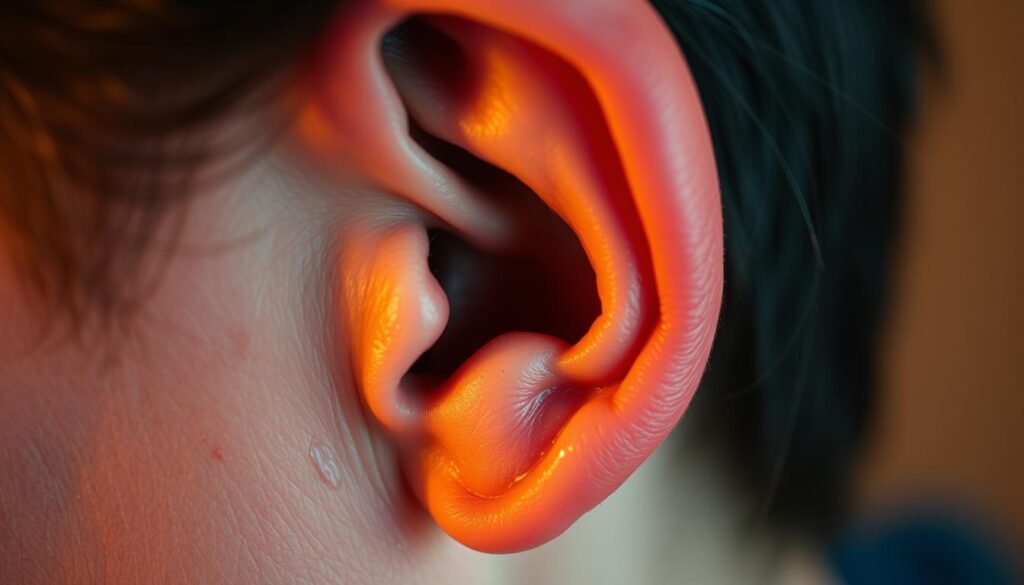 A close-up view of a human ear, with a throbbing, swollen appearance. The ear canal is inflamed, and the surrounding skin appears reddened and sensitive. The image captures the intense, pulsing sensation associated with migraines, conveying the discomfort and disruptive nature of this condition. Soft, warm lighting illuminates the ear, creating a sense of intimacy and highlighting the details of the affected area. The composition is centered on the ear, with a shallow depth of field to emphasize the focal point. The overall tone is one of discomfort and unease, reflecting the distressing symptoms experienced by those suffering from migraine-related ear problems. A close-up view of a human ear, with a throbbing, swollen appearance. The ear canal is inflamed, and the surrounding skin appears reddened and sensitive. The image captures the intense, pulsing sensation associated with migraines, conveying the discomfort and disruptive nature of this condition. Soft, warm lighting illuminates the ear, creating a sense of intimacy and highlighting the details of the affected area. The composition is centered on the ear, with a shallow depth of field to emphasize the focal point. The overall tone is one of discomfort and unease, reflecting the distressing symptoms experienced by those suffering from migraine-related ear problems.