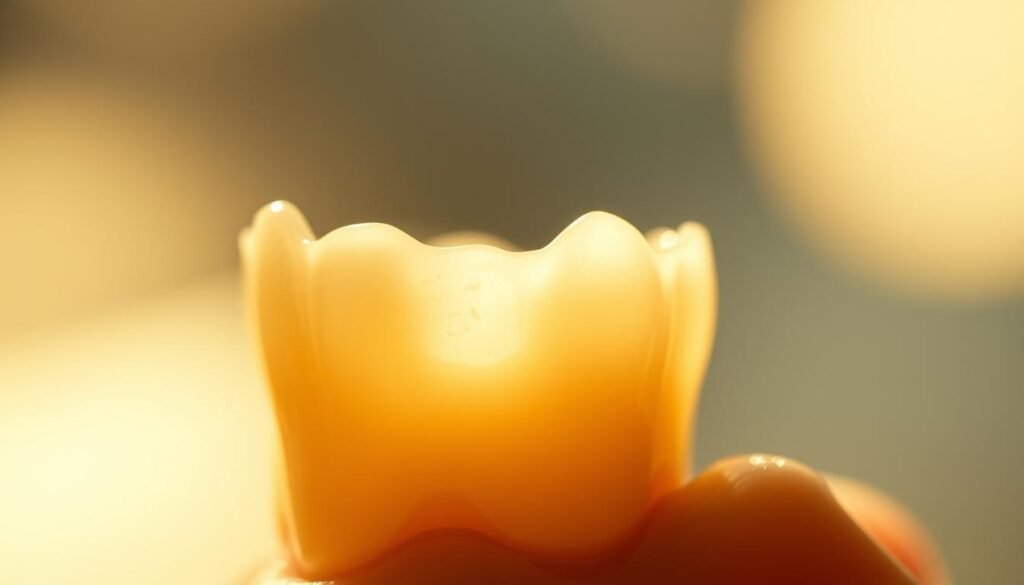 A close-up view of a temporary dental crown, delicately perched atop a tooth, casting subtle shadows and highlights. The crown's surface appears slightly textured, reflecting the intricate craftsmanship required for its creation. The lighting is warm and natural, creating a soothing, almost therapeutic atmosphere. The depth of field is shallow, allowing the viewer to focus intently on the crown, while the surrounding environment remains subtly blurred, drawing the eye to the central subject. The overall composition conveys a sense of vulnerability and fragility, hinting at the potential discomfort experienced when wearing a temporary crown. A close-up view of a temporary dental crown, delicately perched atop a tooth, casting subtle shadows and highlights. The crown's surface appears slightly textured, reflecting the intricate craftsmanship required for its creation. The lighting is warm and natural, creating a soothing, almost therapeutic atmosphere. The depth of field is shallow, allowing the viewer to focus intently on the crown, while the surrounding environment remains subtly blurred, drawing the eye to the central subject. The overall composition conveys a sense of vulnerability and fragility, hinting at the potential discomfort experienced when wearing a temporary crown.