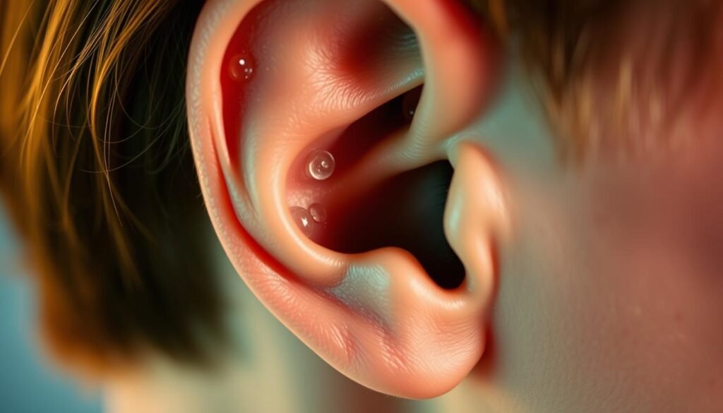 A close-up view of the human ear, with a focus on the ear canal and outer ear. The image should depict common causes of ear pain, such as inflammation, infection, or blockage. The lighting should be soft and diffused, with a slight warm tone to create a soothing and diagnostic atmosphere. The composition should be balanced, with the ear occupying the central focus, and the background blurred to emphasize the subject. The overall image should convey a sense of medical examination and attention to the details of the ear structure. A close-up view of the human ear, with a focus on the ear canal and outer ear. The image should depict common causes of ear pain, such as inflammation, infection, or blockage. The lighting should be soft and diffused, with a slight warm tone to create a soothing and diagnostic atmosphere. The composition should be balanced, with the ear occupying the central focus, and the background blurred to emphasize the subject. The overall image should convey a sense of medical examination and attention to the details of the ear structure.