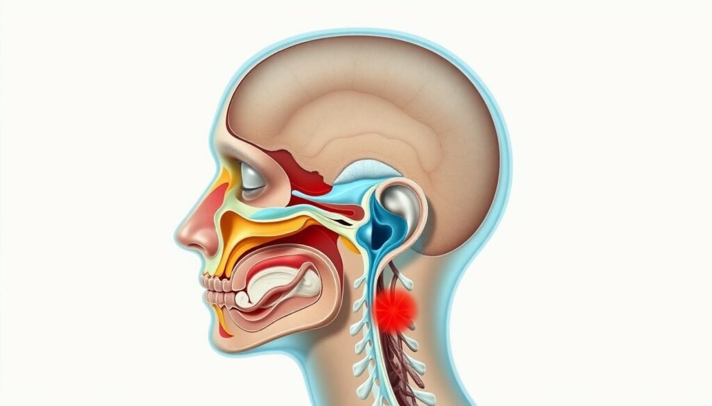 A detailed cross-section of a human head, showcasing the sinus cavities and the surrounding areas affected by sinus pressure. The image should have a clinical and informative tone, with a focus on accurately depicting the anatomical structures involved in sinus-related headaches and ear discomfort. The middle ground should feature the sinuses, nasal passages, and ear canals, all clearly visible and labeled. The foreground should highlight the areas of inflammation and pain, such as the swollen sinus walls and the buildup of mucus. The background should provide a clean, neutral setting, allowing the viewer to concentrate on the key anatomical elements. The lighting should be soft and even, providing optimal visibility without harsh shadows. The overall composition should convey a sense of scientific understanding and medical expertise. A detailed cross-section of a human head, showcasing the sinus cavities and the surrounding areas affected by sinus pressure. The image should have a clinical and informative tone, with a focus on accurately depicting the anatomical structures involved in sinus-related headaches and ear discomfort. The middle ground should feature the sinuses, nasal passages, and ear canals, all clearly visible and labeled. The foreground should highlight the areas of inflammation and pain, such as the swollen sinus walls and the buildup of mucus. The background should provide a clean, neutral setting, allowing the viewer to concentrate on the key anatomical elements. The lighting should be soft and even, providing optimal visibility without harsh shadows. The overall composition should convey a sense of scientific understanding and medical expertise.