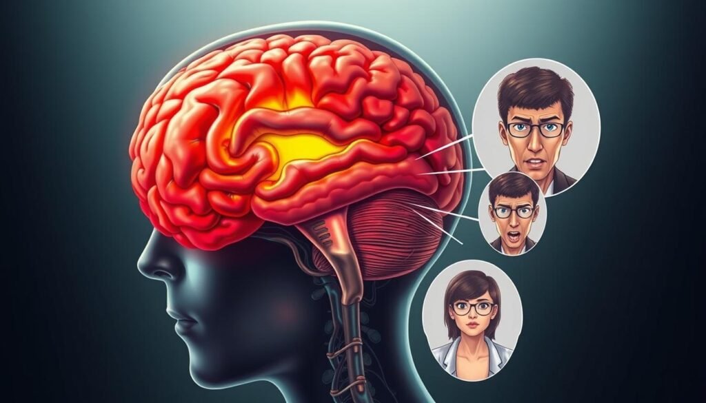 A detailed medical illustration showcasing the visual symptoms of a brain tumor. The foreground depicts the human head in cross-section, highlighting the brain's structure and the presence of a large, ominous-looking tumor mass. Render the tumor realistically, with vibrant colors, irregular shapes, and a sense of internal pressure and distortion. In the middle ground, depict several common neurological symptoms such as severe headache, dizziness, and vision impairment. Render these with expressive anatomical accuracy. The background should convey a clinical, sterile atmosphere, with muted tones and subtle lighting to emphasize the seriousness of the condition. Maintain a precise, technical style throughout, evoking the gravity of the subject matter. A detailed medical illustration showcasing the visual symptoms of a brain tumor. The foreground depicts the human head in cross-section, highlighting the brain's structure and the presence of a large, ominous-looking tumor mass. Render the tumor realistically, with vibrant colors, irregular shapes, and a sense of internal pressure and distortion. In the middle ground, depict several common neurological symptoms such as severe headache, dizziness, and vision impairment. Render these with expressive anatomical accuracy. The background should convey a clinical, sterile atmosphere, with muted tones and subtle lighting to emphasize the seriousness of the condition. Maintain a precise, technical style throughout, evoking the gravity of the subject matter.