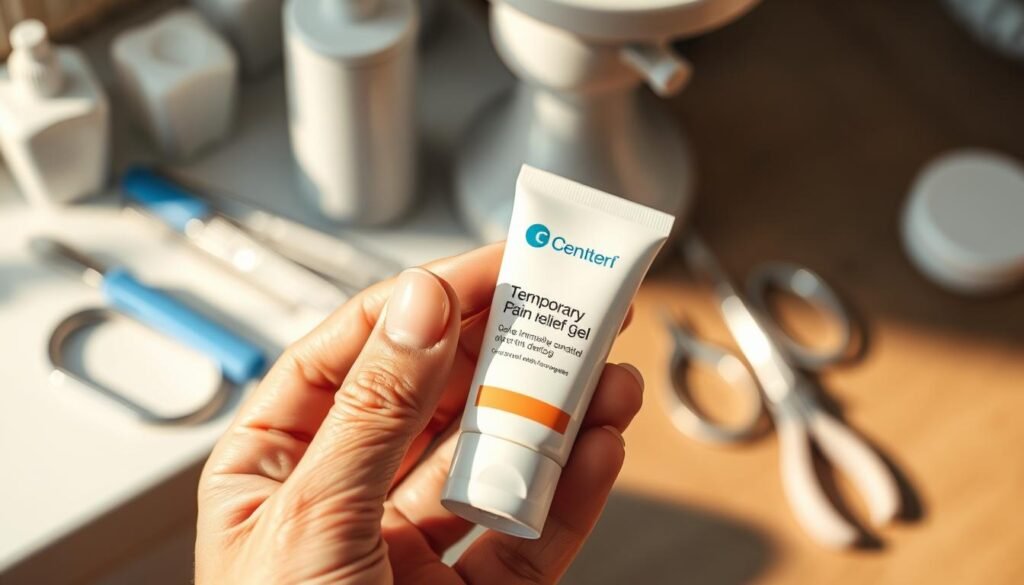 A person's hand holding a tooth and a tube of temporary crown pain relief gel, against a blurred background of dental tools and equipment. The scene is illuminated by warm, directional lighting, casting soft shadows and highlighting the textures of the materials. The composition emphasizes the immediate, soothing nature of the pain relief gel, conveying a sense of relief and comfort. A person's hand holding a tooth and a tube of temporary crown pain relief gel, against a blurred background of dental tools and equipment. The scene is illuminated by warm, directional lighting, casting soft shadows and highlighting the textures of the materials. The composition emphasizes the immediate, soothing nature of the pain relief gel, conveying a sense of relief and comfort.