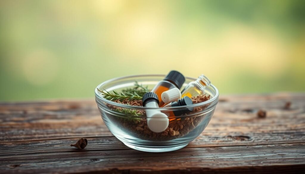 A tranquil still life scene featuring a small glass bowl filled with natural remedies for temporary crown pain relief. The bowl sits atop a worn wooden surface, with a soft natural light illuminating the contents. Inside the bowl, a carefully arranged assortment of herbal extracts, essential oils, and other soothing ingredients rest, their colors and textures contrasting gently. The background is a serene, out-of-focus landscape, hinting at the calming, therapeutic nature of these natural remedies. The overall mood is one of simplicity, care, and a gentle alleviation of discomfort. A tranquil still life scene featuring a small glass bowl filled with natural remedies for temporary crown pain relief. The bowl sits atop a worn wooden surface, with a soft natural light illuminating the contents. Inside the bowl, a carefully arranged assortment of herbal extracts, essential oils, and other soothing ingredients rest, their colors and textures contrasting gently. The background is a serene, out-of-focus landscape, hinting at the calming, therapeutic nature of these natural remedies. The overall mood is one of simplicity, care, and a gentle alleviation of discomfort.
