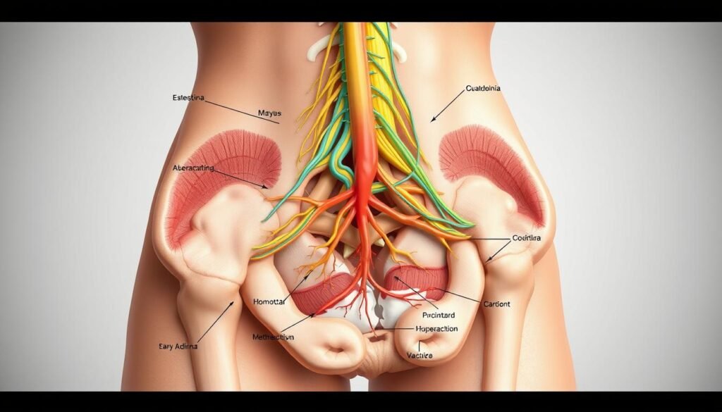 A detailed anatomical illustration showcasing the ilioinguinal-iliohypogastric nerve pathway. A cross-sectional view of the lower abdomen and pelvis, rendered with high fidelity and scientific accuracy. The foreground features the intricate network of nerves, vessels, and muscle structures, with precise labeling of key anatomical landmarks. The middle ground depicts the surrounding bony and fascial planes, providing context for the nerve pathways. The background presents a muted, neutral color scheme to emphasize the subject matter. Lighting is soft and even, highlighting the three-dimensional form and creating a sense of depth. The perspective is slightly angled to provide optimal visibility of the relevant anatomy. The overall mood is informative and educational, suitable for a medical journal or textbook illustration.