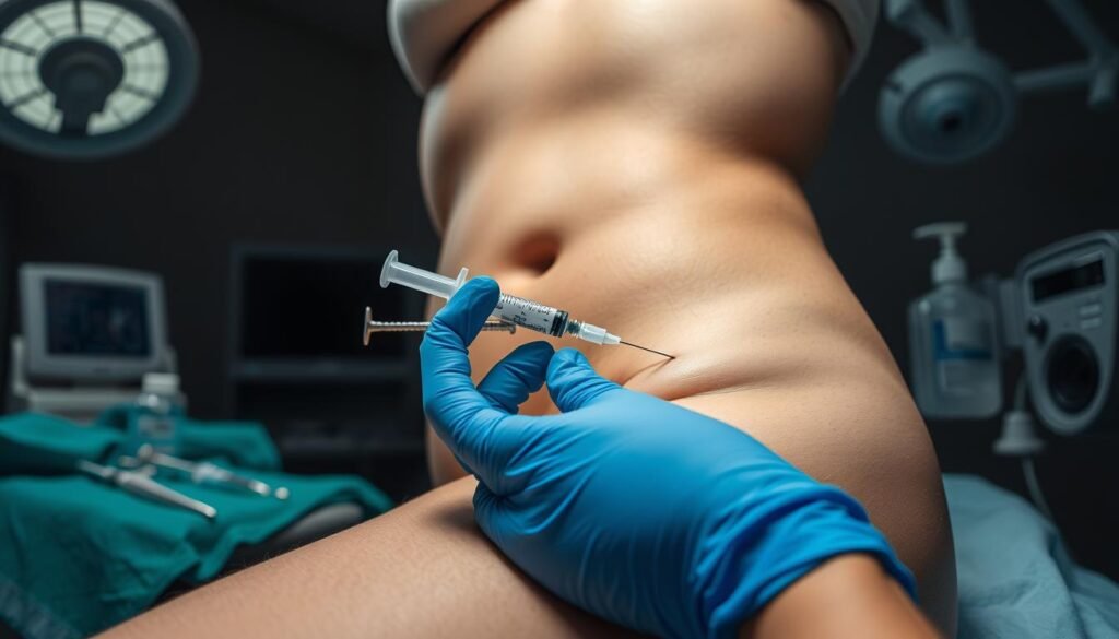A detailed and precise view of a genitofemoral nerve block procedure. In the foreground, a patient's lower abdomen and upper thigh area is exposed, with the skin marked for the injection site. A medical professional's gloved hand holds a syringe, poised to administer the nerve block. The middle ground features medical instruments and supplies, such as a sterile drape and antiseptic solution. The background is dimly lit, conveying a clinical atmosphere with modern medical equipment visible. The lighting is bright and directional, casting dramatic shadows and highlighting the technical aspects of the procedure. The scene is captured with a shallow depth of field, keeping the injection site in sharp focus.
