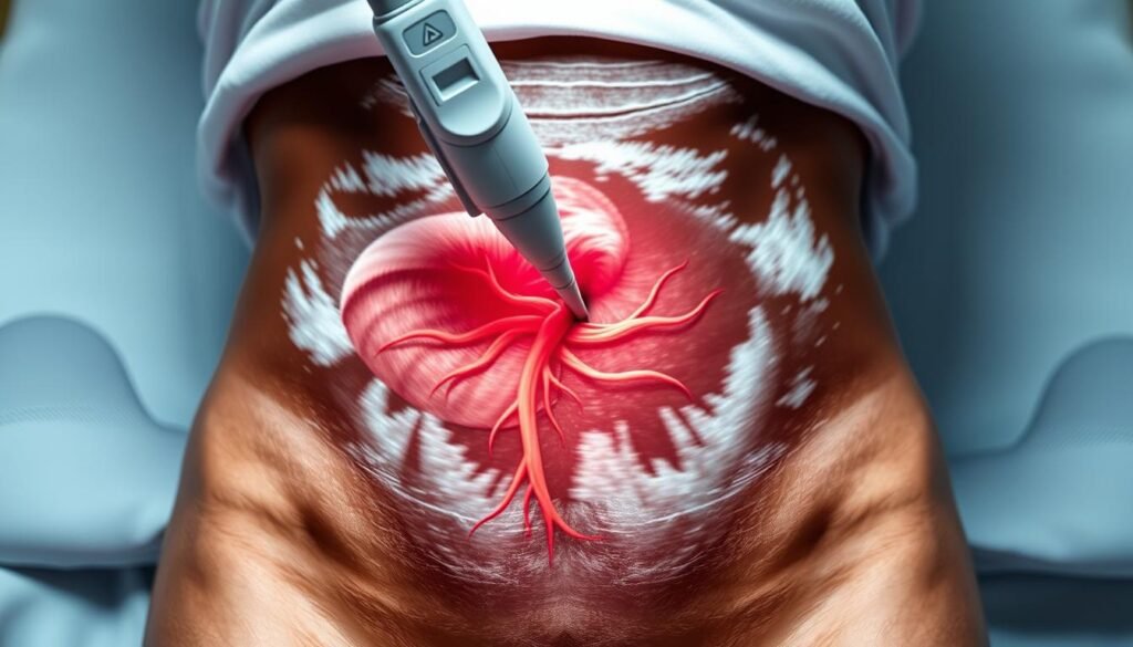 A detailed cross-sectional view of an ultrasound probe placed on the abdomen, precisely over the internal oblique and transversus abdominis muscles. The probe is angled to capture the ilioinguinal nerve in high resolution, with the skin, subcutaneous fat, and muscle layers clearly visible. The scene is lit with soft, directional lighting to highlight the anatomical structures, creating a clinical yet informative atmosphere. The image is captured from a slightly elevated angle, providing an optimal view for demonstrating the ultrasound-guided ilioinguinal nerve block procedure.