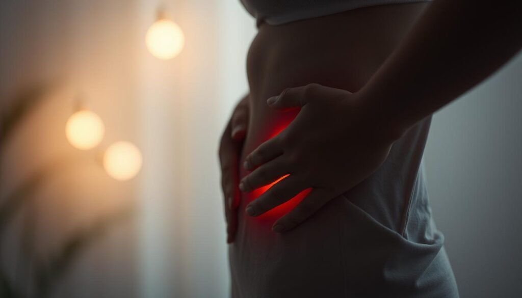 A serene, dimly lit scene depicting the relief from pain. In the foreground, a person's hands gently massaging their lower abdomen, conveying a sense of soothing and comfort. The middle ground features soft, glowing orbs of light radiating a warm, calming energy, subtly illuminating the scene. The background is hazy, with a muted color palette evoking a tranquil, meditative atmosphere. The overall composition evokes a sense of respite, healing, and the alleviation of discomfort.