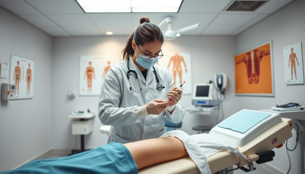 A well-lit medical clinic interior, with a sterile examination table in the foreground. A healthcare professional carefully administering an injection, showcasing the proper technique and safety precautions. In the background, anatomical diagrams and medical equipment subtly convey the technical aspects of the procedure. The overall mood is one of clinical professionalism and attention to detail, highlighting the importance of minimizing risks and complications during a genitofemoral nerve block.