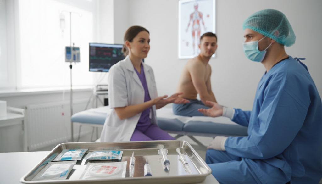 A medical professional, dressed in professional scrubs, is preparing for an epidural steroid injection in a clean, well-lit clinic. In the foreground, the focus is on a sterile tray filled with medical supplies: syringes, antiseptic wipes, and an epidural needle, all arranged neatly. In the middle, a patient sits calmly on a treatment table, their expression relaxed, and a nurse sits beside them, explaining the procedure with a reassuring demeanor. The background features softly lit medical equipment and a chart highlighting anatomy relevant to the procedure. The overall atmosphere is calm and reassuring, emphasizing professionalism and care in a healthcare setting. Use soft, natural lighting with a slight depth of field to keep the focus on the patient and medical professional.