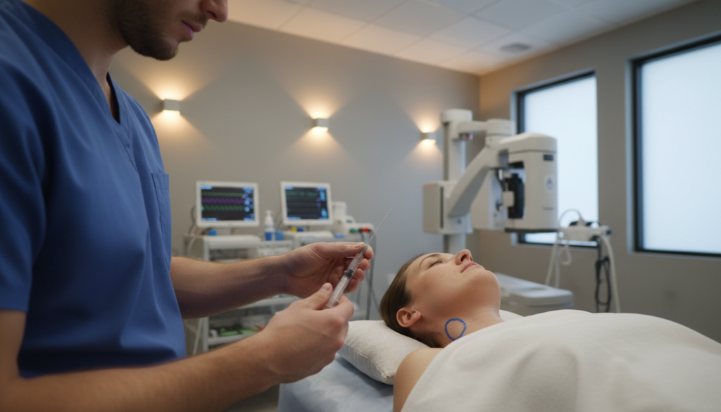 A medical scene depicting a cervical epidural injection procedure in a modern clinic. In the foreground, a healthcare professional in scrubs performs the injection using a syringe with a needle, demonstrating precision and care. The midground features a patient resting comfortably on an examination table, with a focus on their neck area, which is marked for the injection. The background shows medical equipment and a softly lit, sterile environment with neutral colors to convey professionalism and calmness. The lighting is warm and inviting, creating a reassuring atmosphere. The angle is slightly above eye level, capturing the gentle, focused interaction between the healthcare provider and the patient.