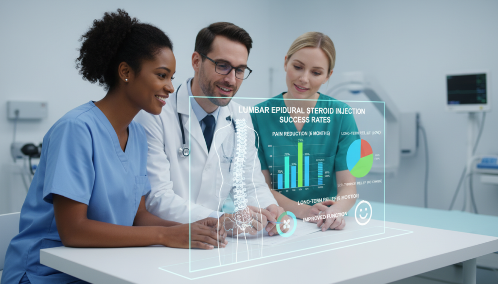 A visually engaging illustration representing the concept of "Lumbar epidural steroid injection success rates." In the foreground, a diverse group of three healthcare professionals in professional attire, such as lab coats and scrubs, discussing a detailed chart showcasing success rates of spinal pain management treatments. In the middle ground, the chart exhibits colorful data visualizations including bar graphs and pie charts, symbolizing different success rates overlaid on a spine graphic. The background features a sterile, clinical environment, with medical equipment subtly blurred to emphasize the focus on the discussion. The lighting is bright and clean, emphasizing a hopeful, professional atmosphere, captured from a slightly elevated angle to provide depth.