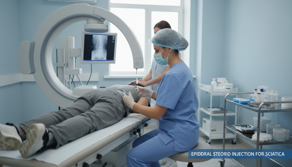 A medical professional in scrubs performing an epidural steroid injection procedure on a patient lying comfortably on an examination table in a well-lit clinical setting. The foreground shows the doctor focused and precise, with a syringe and fluoroscopy machine visible, highlighting the technical aspect of the procedure. The patient, wearing modest casual clothing, appears relaxed and calm, emphasizing a reassuring atmosphere. In the background, medical equipment and soft lighting create a sterile yet inviting environment, reflecting professionalism and care. The angle captures both the patient and the physician in action, with a slight depth of field that adds warmth and clarity to the scene. The mood is clinical and informative, ideal for educating viewers about the procedure for sciatica. A medical professional in scrubs performing an epidural steroid injection procedure on a patient lying comfortably on an examination table in a well-lit clinical setting. The foreground shows the doctor focused and precise, with a syringe and fluoroscopy machine visible, highlighting the technical aspect of the procedure. The patient, wearing modest casual clothing, appears relaxed and calm, emphasizing a reassuring atmosphere. In the background, medical equipment and soft lighting create a sterile yet inviting environment, reflecting professionalism and care. The angle captures both the patient and the physician in action, with a slight depth of field that adds warmth and clarity to the scene. The mood is clinical and informative, ideal for educating viewers about the procedure for sciatica.
