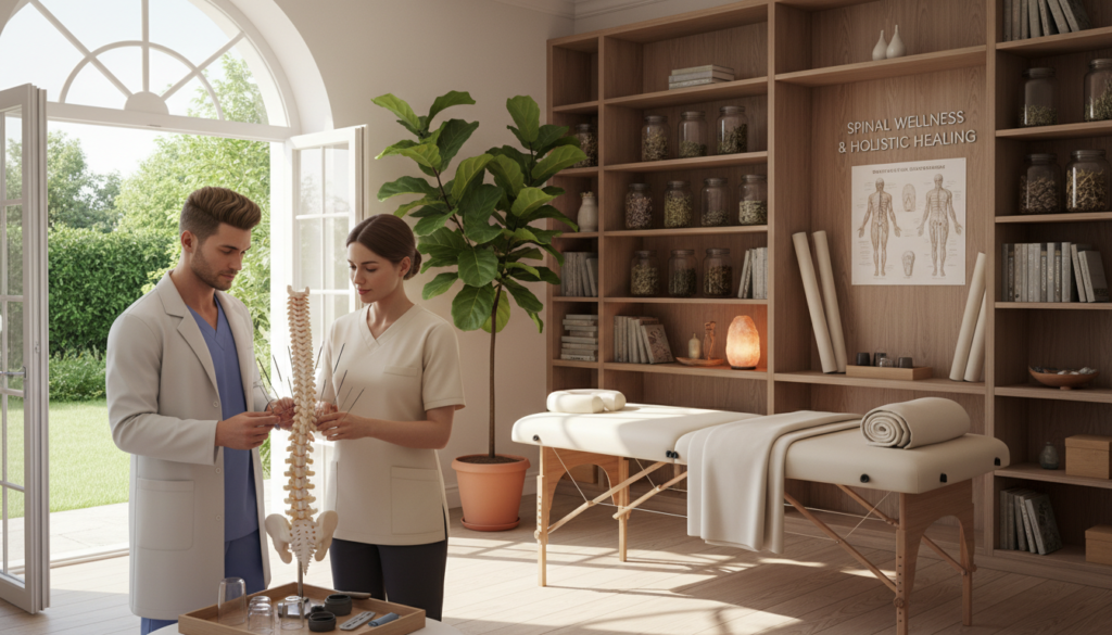 A serene, bright therapy room designed for alternative treatments of spinal pain. In the foreground, a male and female healthcare professional in professional attire are demonstrating acupuncture techniques on a model spine, showcasing needles and acupuncture tools. The middle ground features a massage table, with soft, elegant linens, and natural elements like plants and a warm salt lamp creating a calming atmosphere. In the background, shelves filled with holistic therapy materials, including herbal remedies and anatomical charts, enhance the therapeutic setting. Soft, natural lighting streams through a large, partially open window, casting gentle shadows. The mood is one of tranquility and healing, inviting viewers to explore natural options for back pain and sciatica relief. A serene, bright therapy room designed for alternative treatments of spinal pain. In the foreground, a male and female healthcare professional in professional attire are demonstrating acupuncture techniques on a model spine, showcasing needles and acupuncture tools. The middle ground features a massage table, with soft, elegant linens, and natural elements like plants and a warm salt lamp creating a calming atmosphere. In the background, shelves filled with holistic therapy materials, including herbal remedies and anatomical charts, enhance the therapeutic setting. Soft, natural lighting streams through a large, partially open window, casting gentle shadows. The mood is one of tranquility and healing, inviting viewers to explore natural options for back pain and sciatica relief.