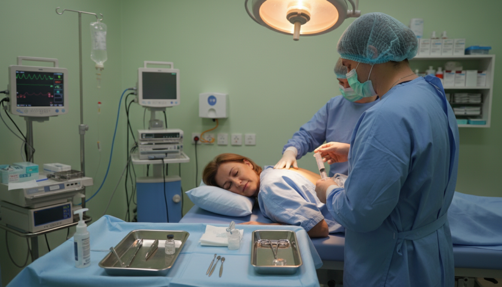 A sterile medical environment featuring a patient receiving an epidural steroid injection procedure in a comfortable hospital room. In the foreground, a healthcare professional, dressed in scrubs, calmly prepares the injection with a syringe and other medical instruments on a clean tray. The middle ground shows the patient, wearing a hospital gown, lying on their side on an examination table, looking relaxed and reassured. Dim, focused lighting illuminates the area, creating a calm atmosphere, while soft shadows blend into the background. The background includes medical equipment and a soothing color palette, evoking a sense of professionalism and care. The overall mood is serene, emphasizing comfort and excellence in medical practice.