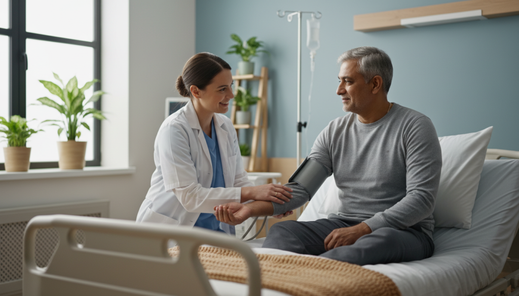 A calm and serene hospital recovery room, softly lit with natural light streaming through a window. In the foreground, a middle-aged patient in modest casual clothing, sitting comfortably on a hospital bed, is receiving post-spinal injection care. A friendly nurse, wearing professional attire, gently checks the patient’s vital signs. The background features soothing colors, with a few potted plants and medical equipment subtly placed, creating a warm and inviting atmosphere. The focus is on the supportive interaction between the patient and the caregiver, emphasizing a sense of reassurance and tranquility during the recovery process. The lens captures a medium shot that highlights the caring environment while maintaining a crisp and clear focus, evoking feelings of hope and healing.