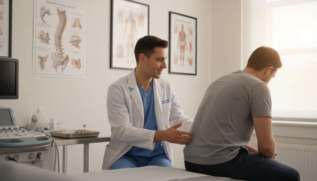 A clinical evaluation room for spinal injections, featuring a professional medical setup. In the foreground, a healthcare professional in a lab coat examines a patient, who is sitting comfortably in a medical chair, both engaged in a discussion. The patient appears attentive, wearing modest casual clothing. In the middle ground, a chart detailing spinal anatomy is visible on a nearby wall, alongside medical equipment like a syringe and imaging tools on a clean counter. The background shows soft-focus medical posters and a window with natural light streaming in, creating a welcoming atmosphere. The lighting is bright yet soft, emphasizing professionalism and care in the evaluation process. The image captures a moment of focused attention, illustrating the thoroughness of the candidate evaluation for epidural injections.