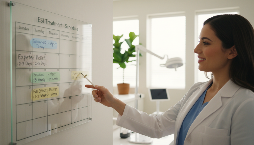 A serene medical clinic scene illustrating a visually appealing schedule for pain relief from ESI (Epidural Steroid Injection) treatment. In the foreground, a well-organized, color-coded calendar highlights appointments and key dates related to the treatment, with soothing colors like light blue and green. In the middle ground, a medical professional dressed in a smart, professional attire, such as a white coat, examines the calendar while showing a supportive expression. The background features a clean, bright clinic with soft lighting, plants, and medical equipment subtly placed to evoke a sense of calm and healing. The overall atmosphere is one of hope and reassurance, conveying a sense of trust in the pain relief process from ESI treatment.