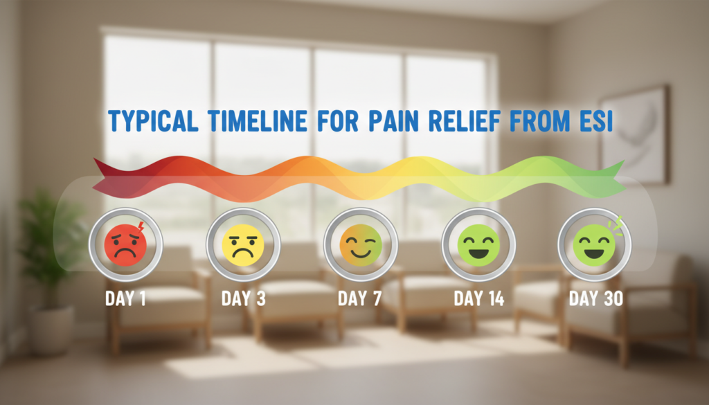 A visually engaging and informative illustration showcasing a "Typical Timeline for Pain Relief from ESI" (Epidural Steroid Injection). In the foreground, a clear, numbered timeline with distinct markers for days 1, 3, 7, 14, and 30, each accompanied by subtle visuals indicating the progression of pain relief (e.g., a frowning face transitioning to a smiling face). The middle ground features soft, abstract representations of pain levels using gradient colors from red to green. In the background, a serene medical office setting with calming lighting, and gentle shadows to create a comforting atmosphere. The overall mood should be uplifting and professional, embodying hope and recovery, with a shallow depth of field effect to focus on the timeline details.