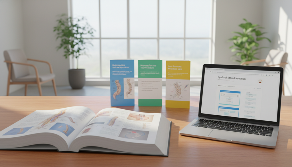 A well-organized workspace displaying resources for epidural steroid injections. In the foreground, a wooden desk holds an open medical textbook featuring anatomical illustrations of the spine and epidural space. Beside it, a laptop with a medical website on the screen shows guidelines for the procedure. In the middle ground, a set of color-coded patient information brochures on epidural injections are neatly arranged, with some featuring diagrams and diagrams for better understanding. In the background, a bright, airy room with light streaming through a window gives an inviting feel, filling the space with a warm, professional atmosphere. Soft shadows create depth, and the overall mood is educational and reassuring, ideal for healthcare discussions.